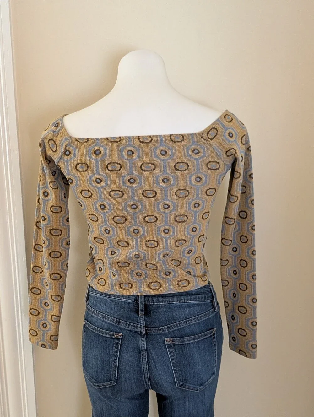 Zara brown tan and blue geometric print long sleeve top size S